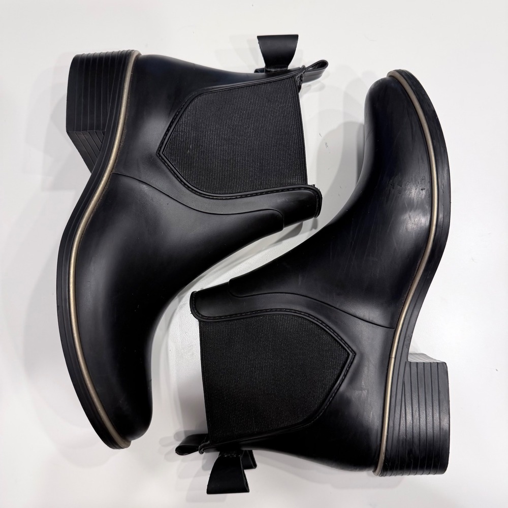 Kate Spade Sedgewick Black Rubber Bow Chelsea Rain Boots W 7 Matte Gold Trim